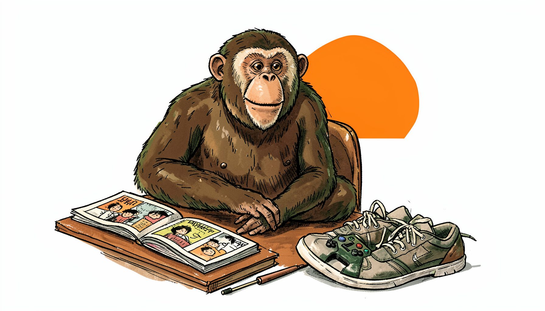 Hand-drawn ink illustration of a relaxed mandril sitting at a desk with comic books, a game controller, and a pair of sneakers nearby, warm earthy tones with dark green accents